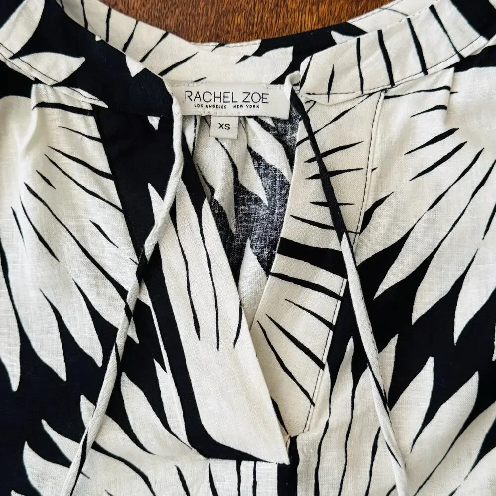 Rachel Zoe Black White Linen Blend Puff Sleeve Boho Blouse Top Womens Sz XS NWOT